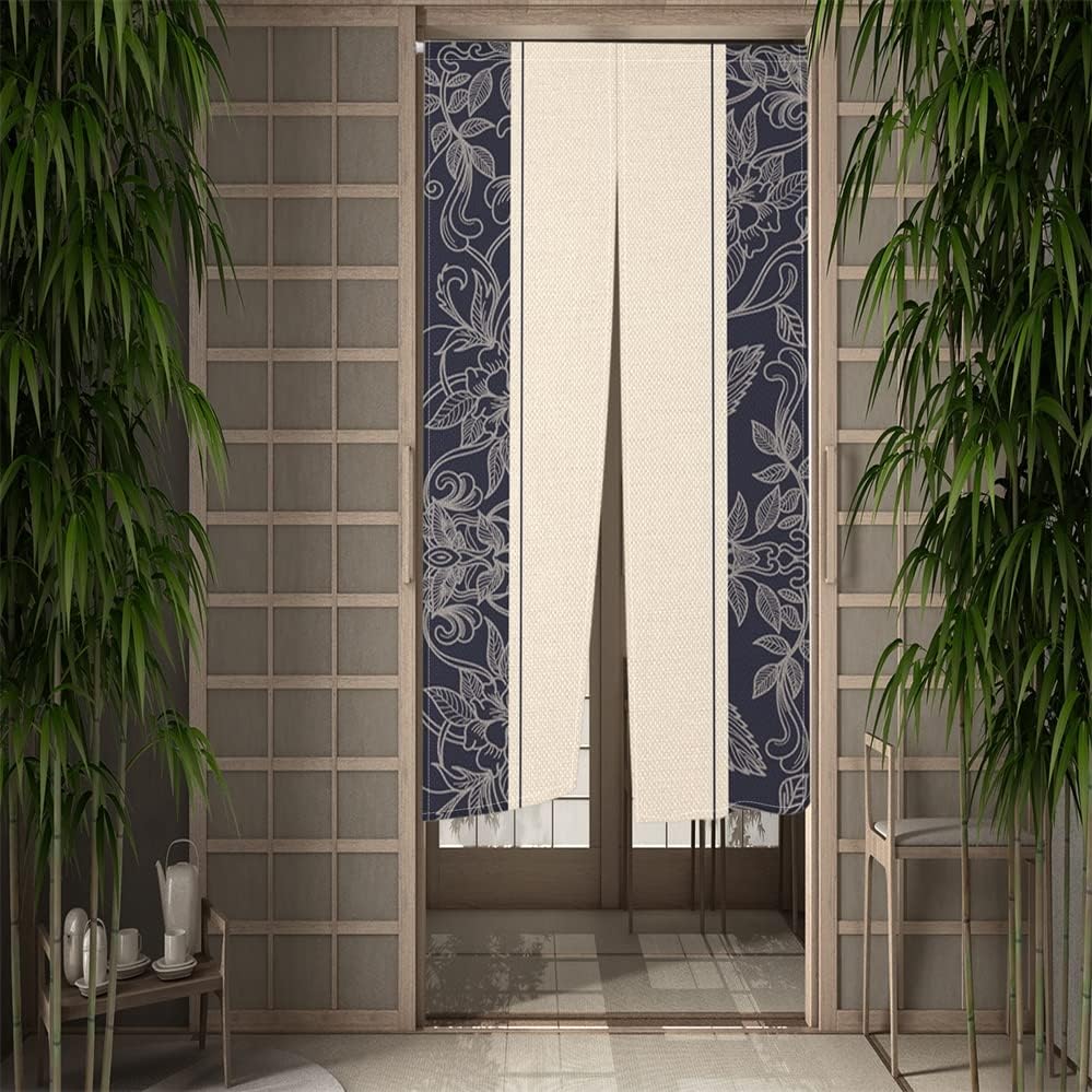 ChloropLastid Black Flowers Japanese Noren Curtain Panel 335x59 Inch