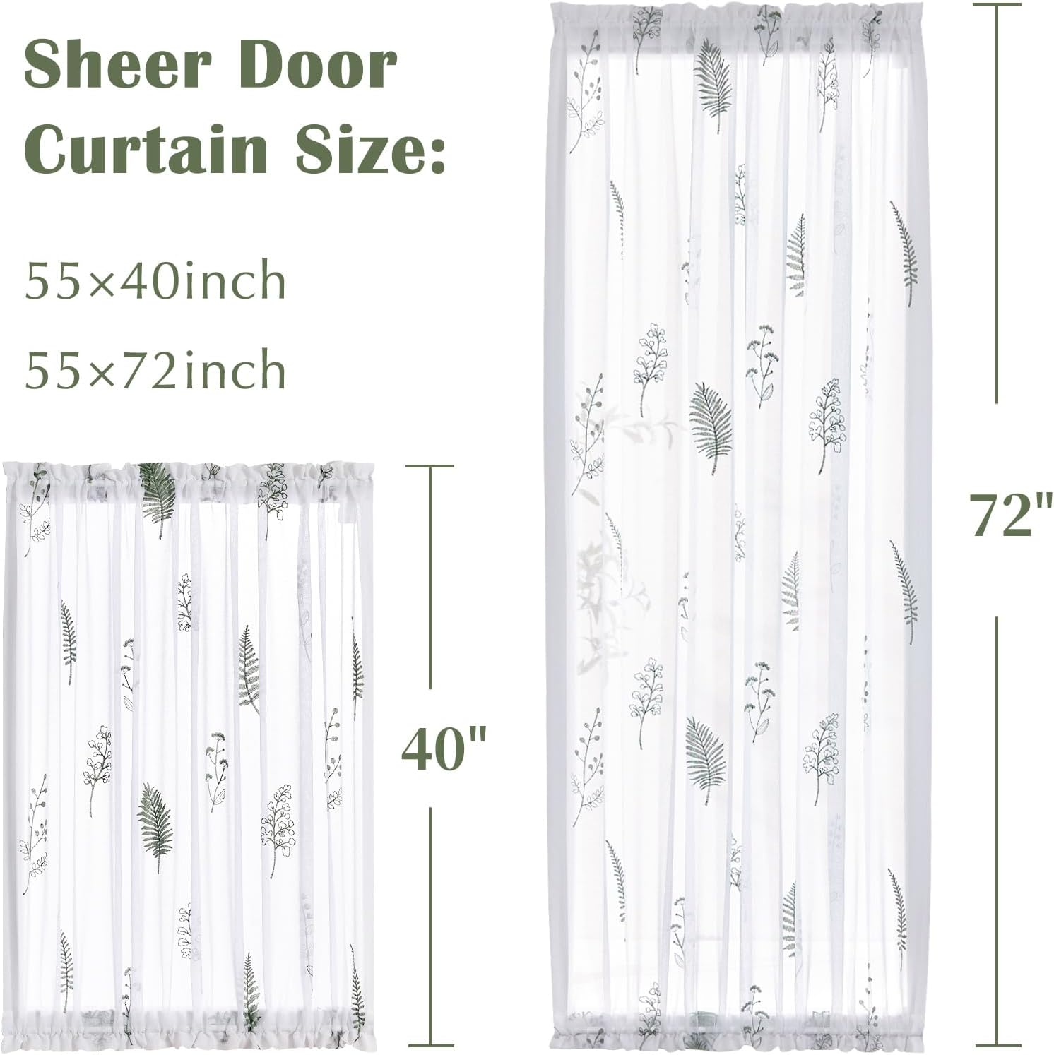 Jinchan French Sheer Door Curtain Panel 40 Inches Green on White