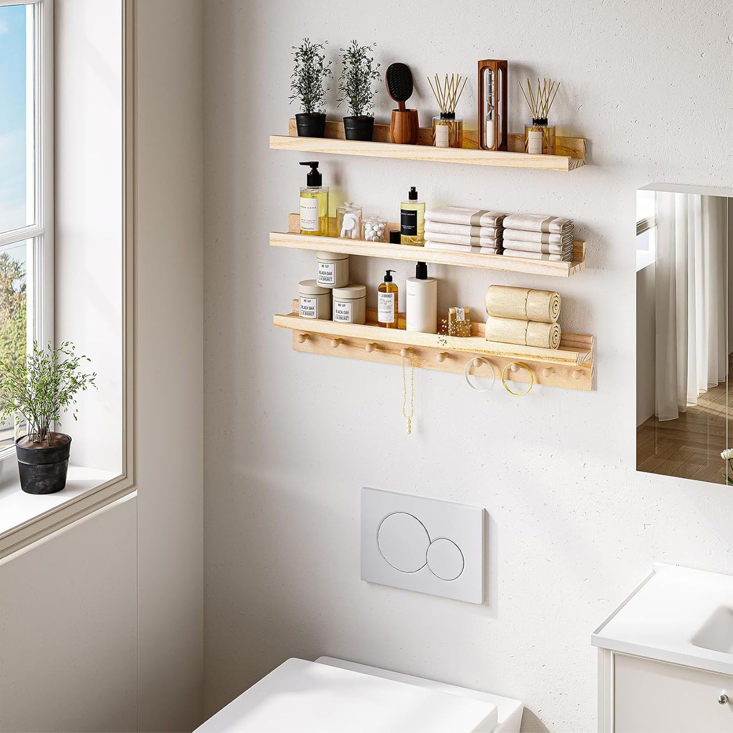 MBYD 36 Inch Floating Wood Shelf With Hooks