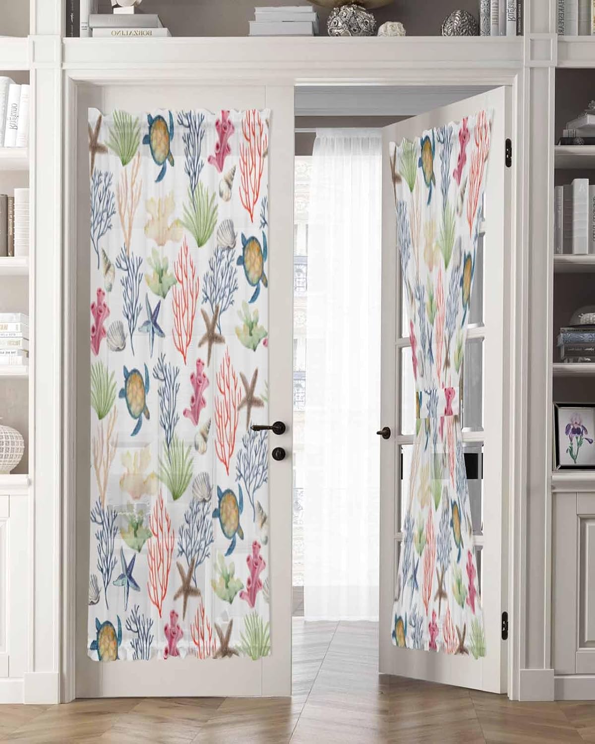 Summer Ocean Coral Front Door Curtain with Tiebacks