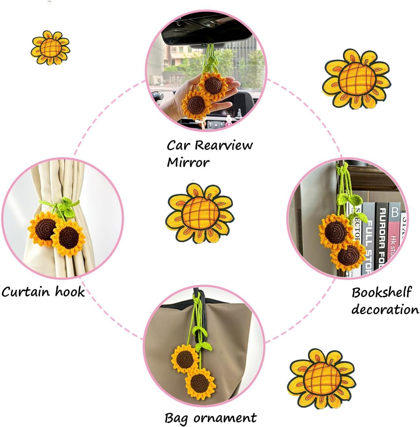 2 Pack Crochet Sunflower Car Hanging Ornament for Women