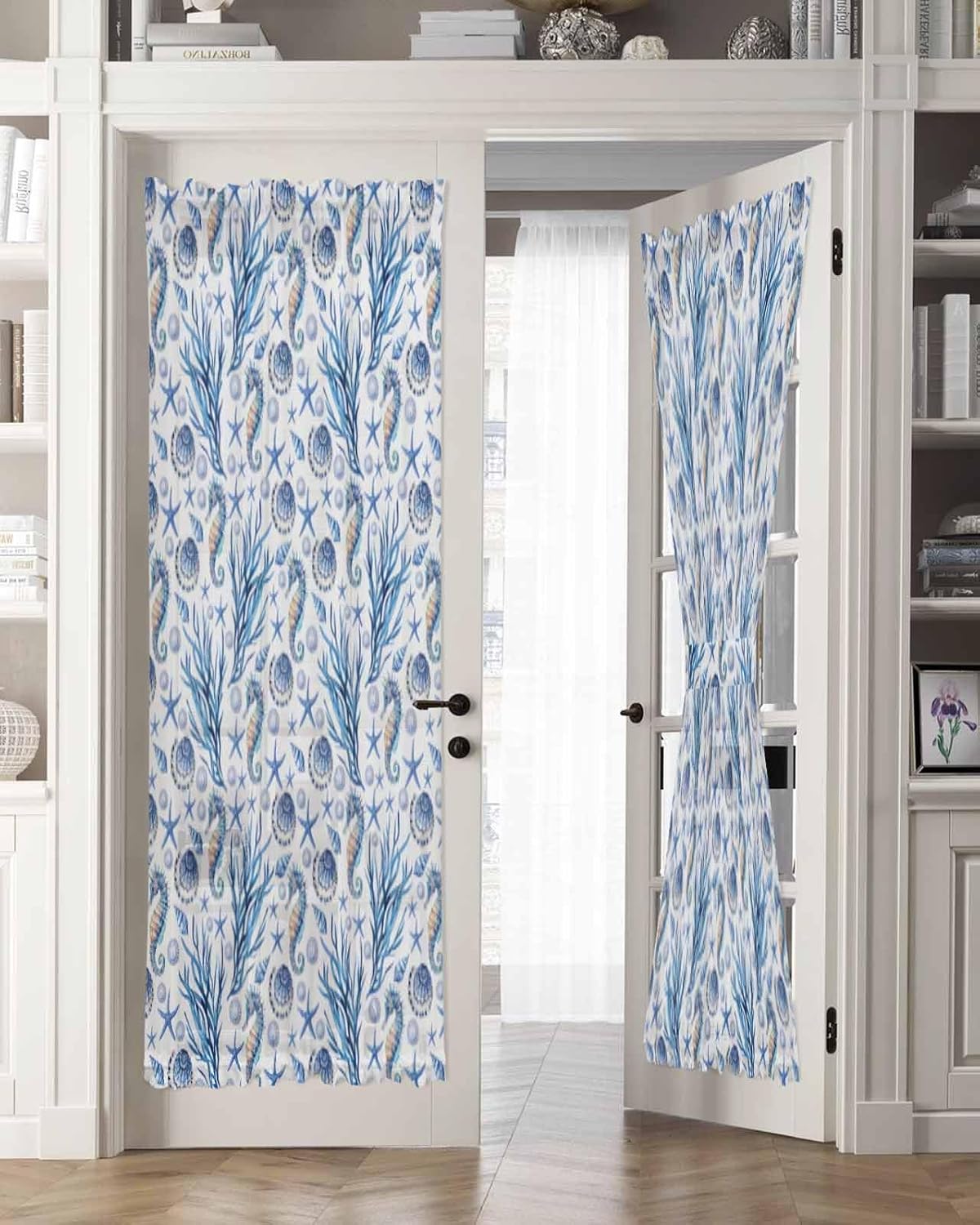 Blue Ocean French Door Curtain with Starfish and Seashell Design