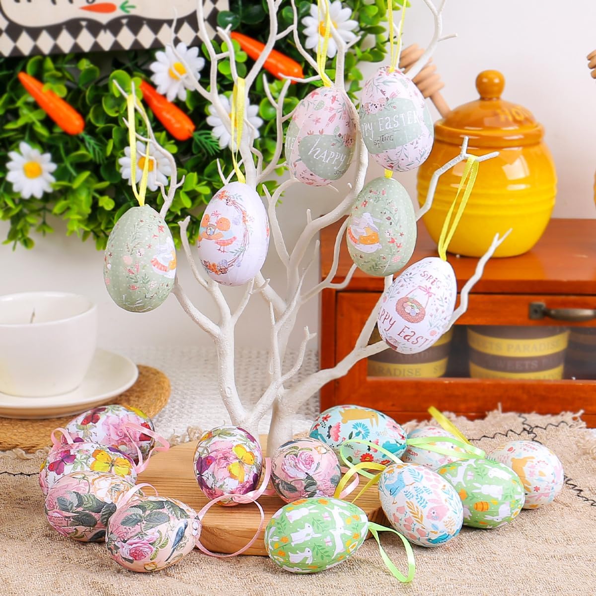 24PCS Easter Egg Ornaments with Floral Pattern and Hanging Ribbons