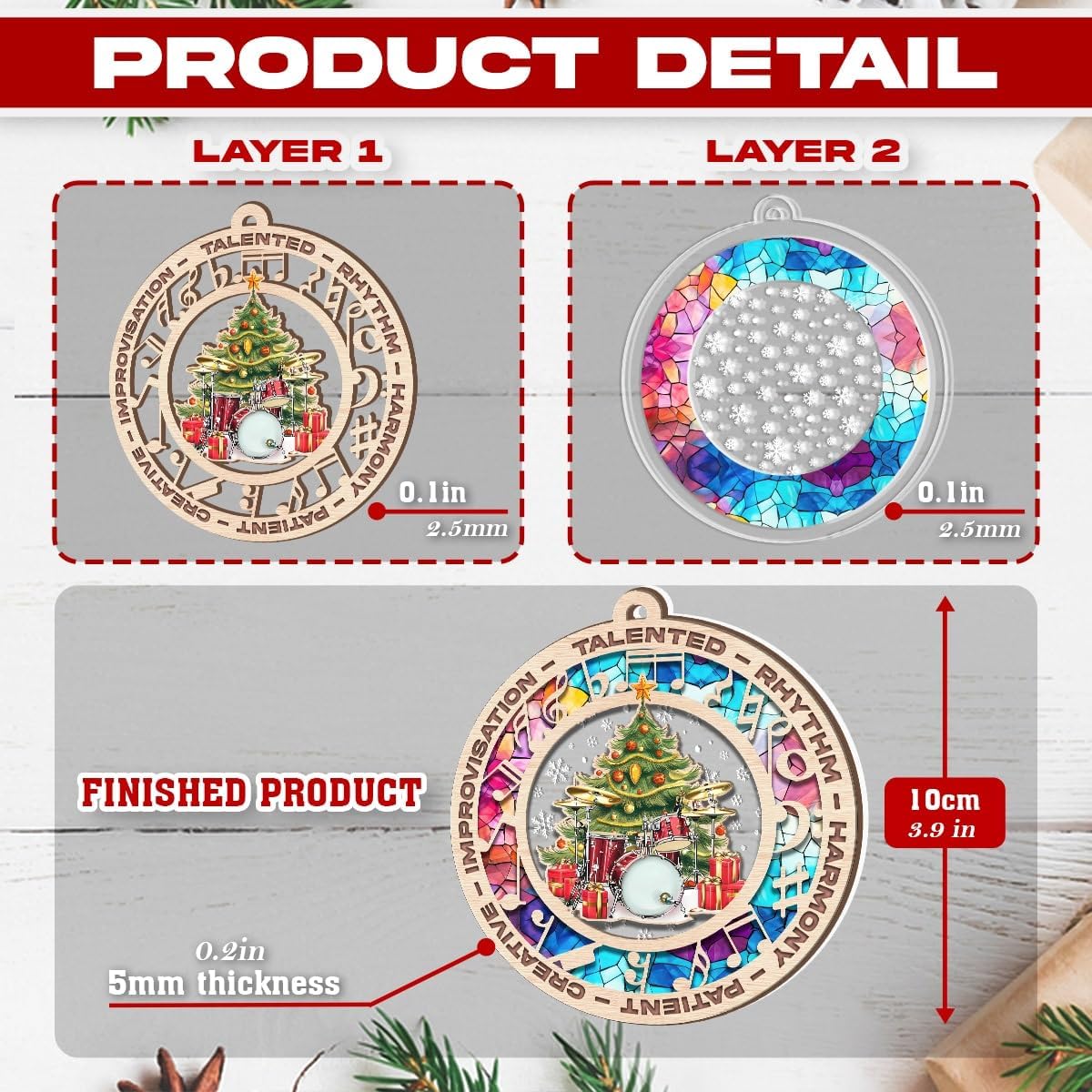 Drum Suncatcher Christmas Tree Decor for Drummers