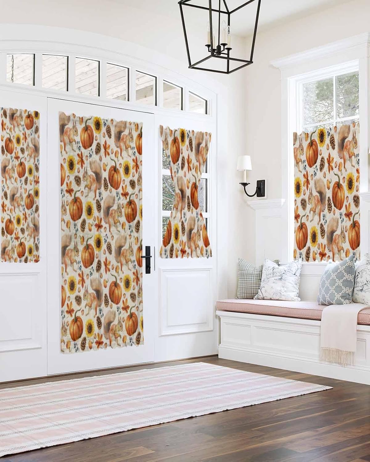Thanksgiving Fall French Door Curtain with Pumpkins and Sunflowers