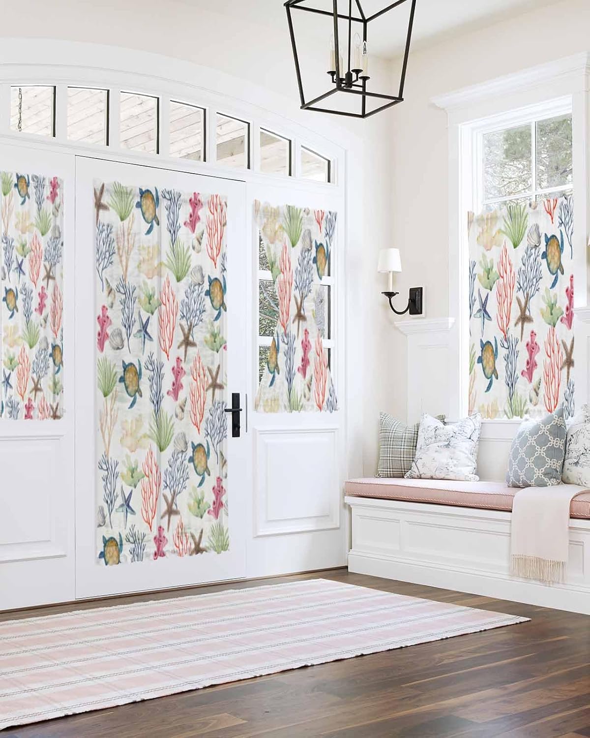 Summer Ocean Coral Front Door Curtain with Tiebacks