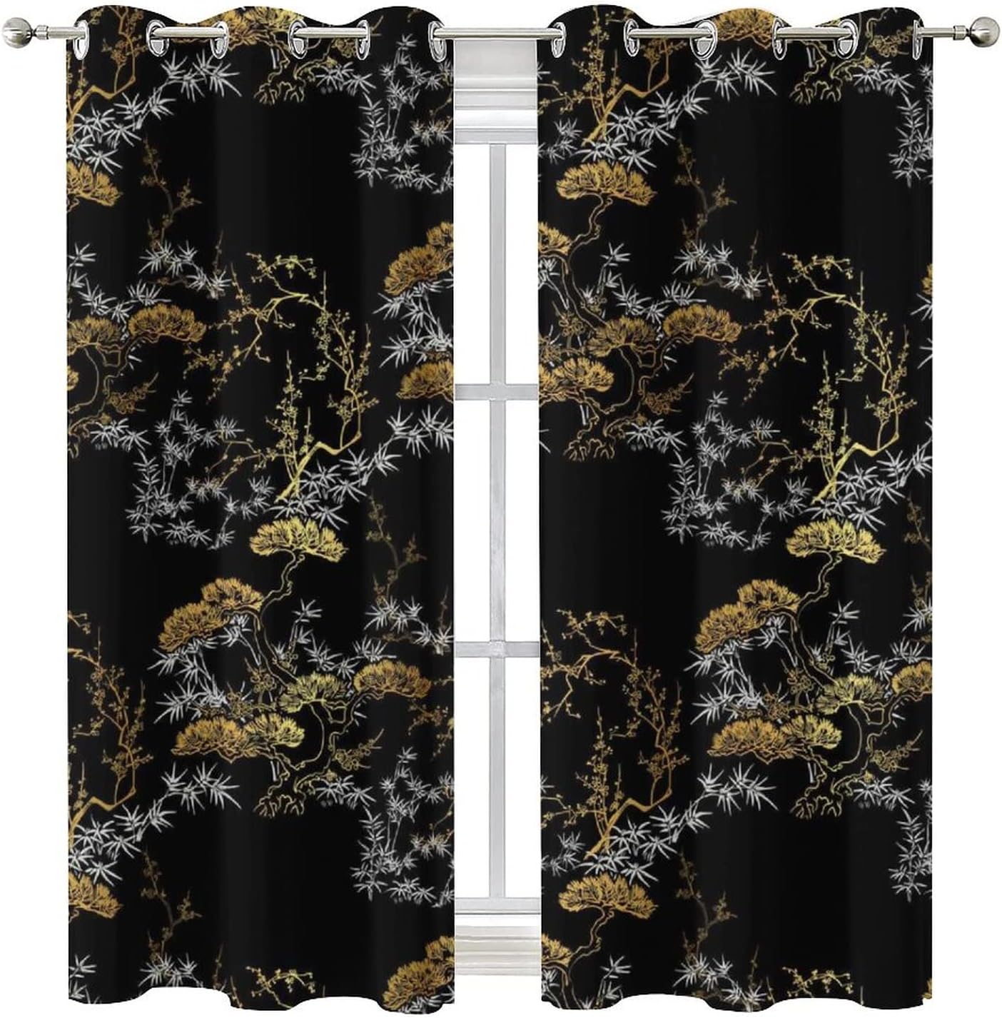 Cool Japanese Curtains Black Gold Pine Pattern Grommet Blackout Curtains 55x63in