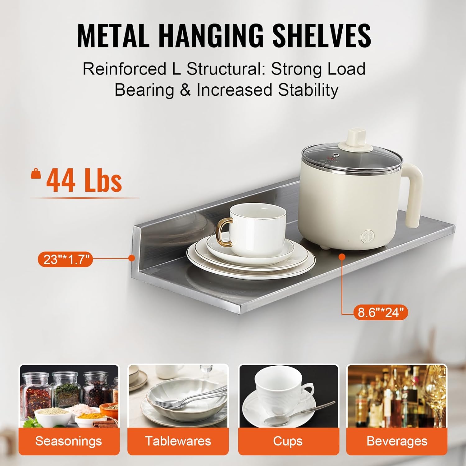 Happybuy 86 x 24 Stainless Steel Floating Shelf with Backsplash