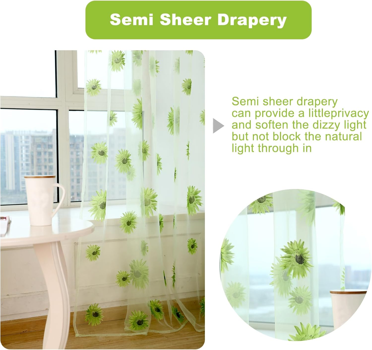 Ufurty Sunflower Floral Sheer Curtain Panels 2PCS