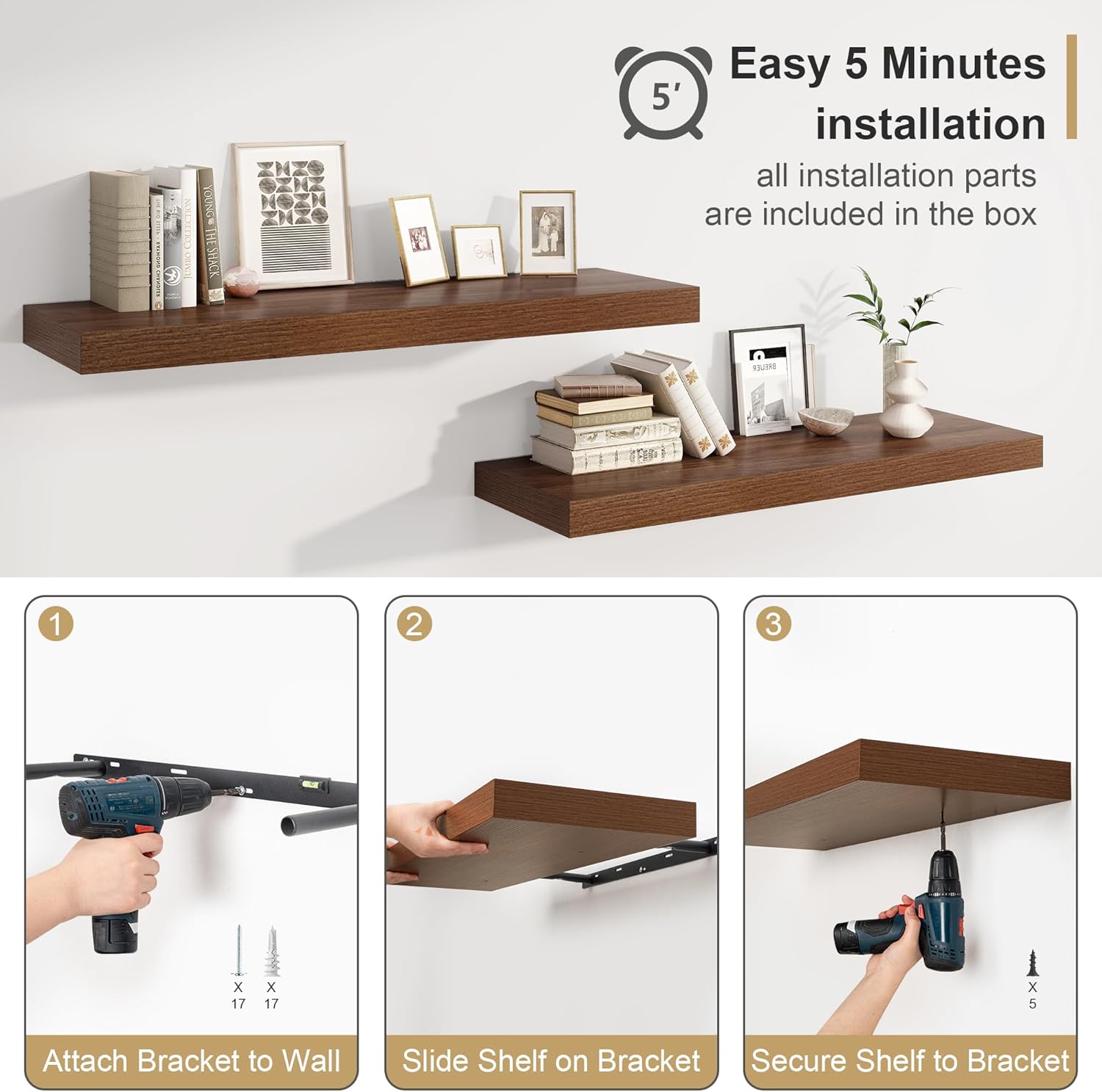 12 Inch Deep Floating Shelf Wall Mount Walnut Set of 1