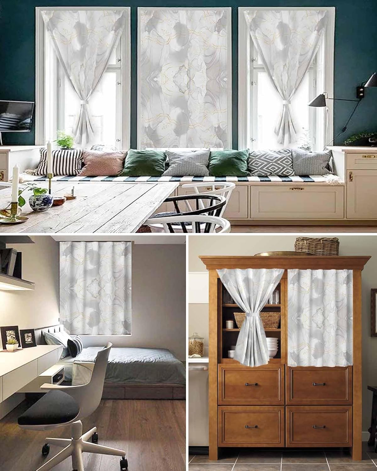 Grey Ombre Marble Self Adhesive Portable Curtains for Windows