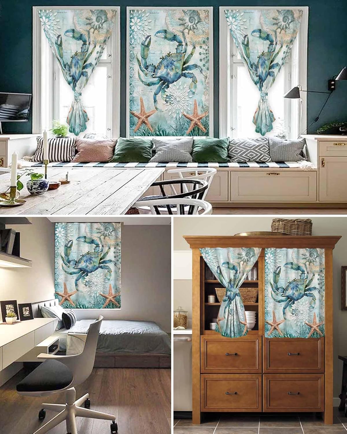 Coastal Crab Self Adhesive Room Darkening Curtains for Windows