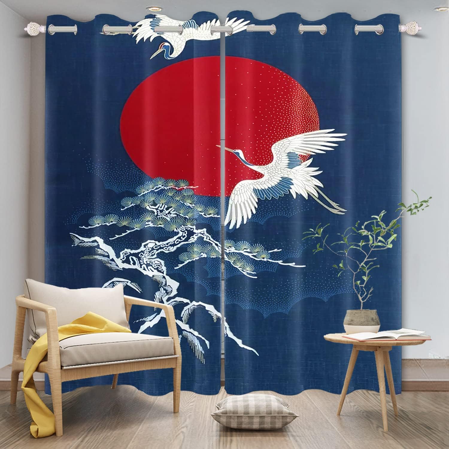 Umpoo Flying Cranes Red Full Moon Printed Curtains 2 Panel Set