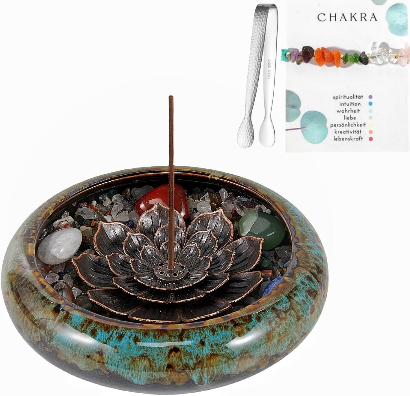Blue Ceramic Incense Holder with Crystal Lotus and Accessories