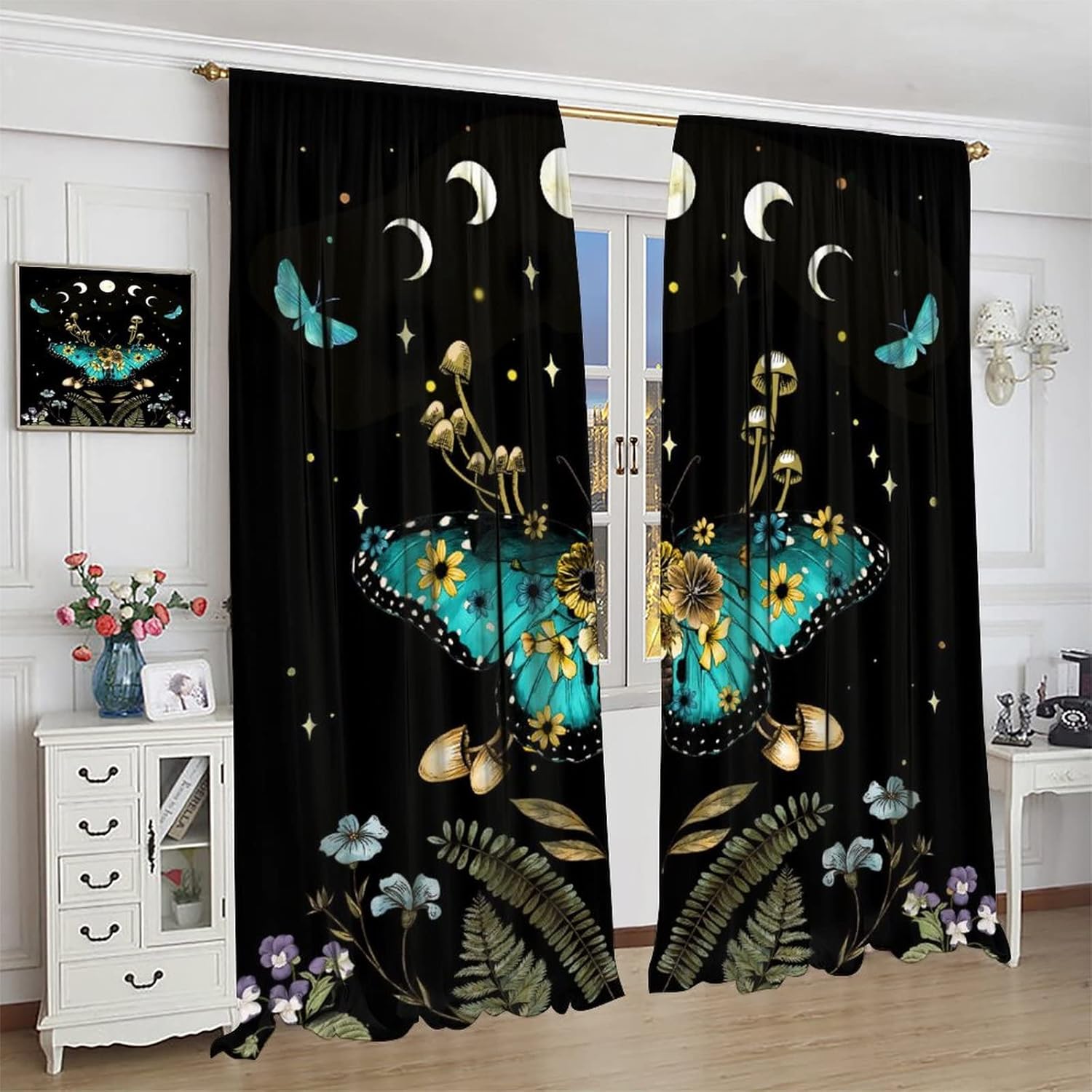 Butterfly Moth Window Curtains - Retro Mushroom Boho Decor