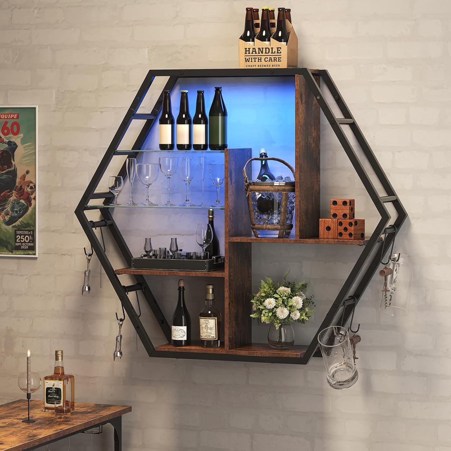 Gaming Shelf with RGB Lights and Hooks - Rustic Brown