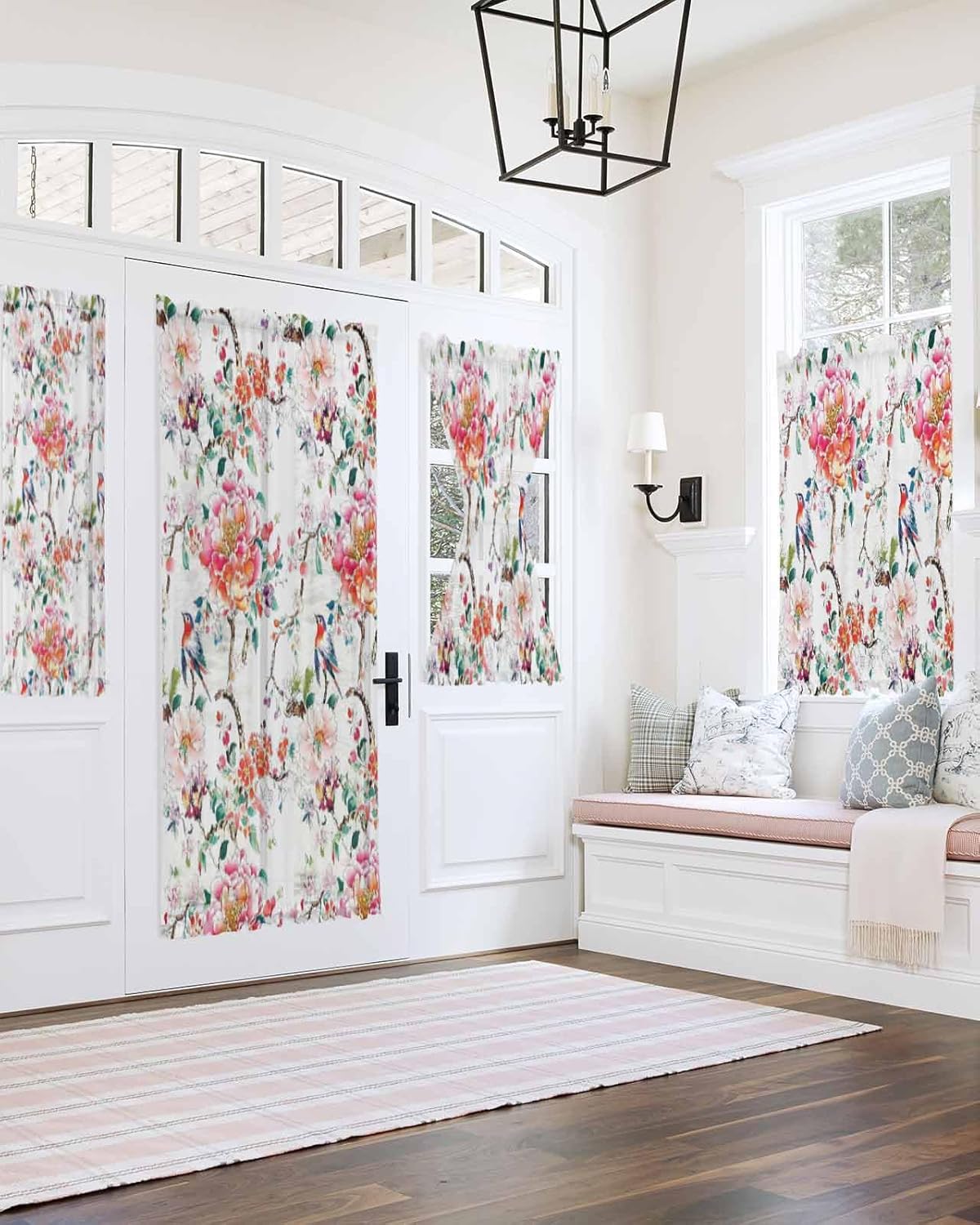 Pink Floral French Door Curtain with Tieback