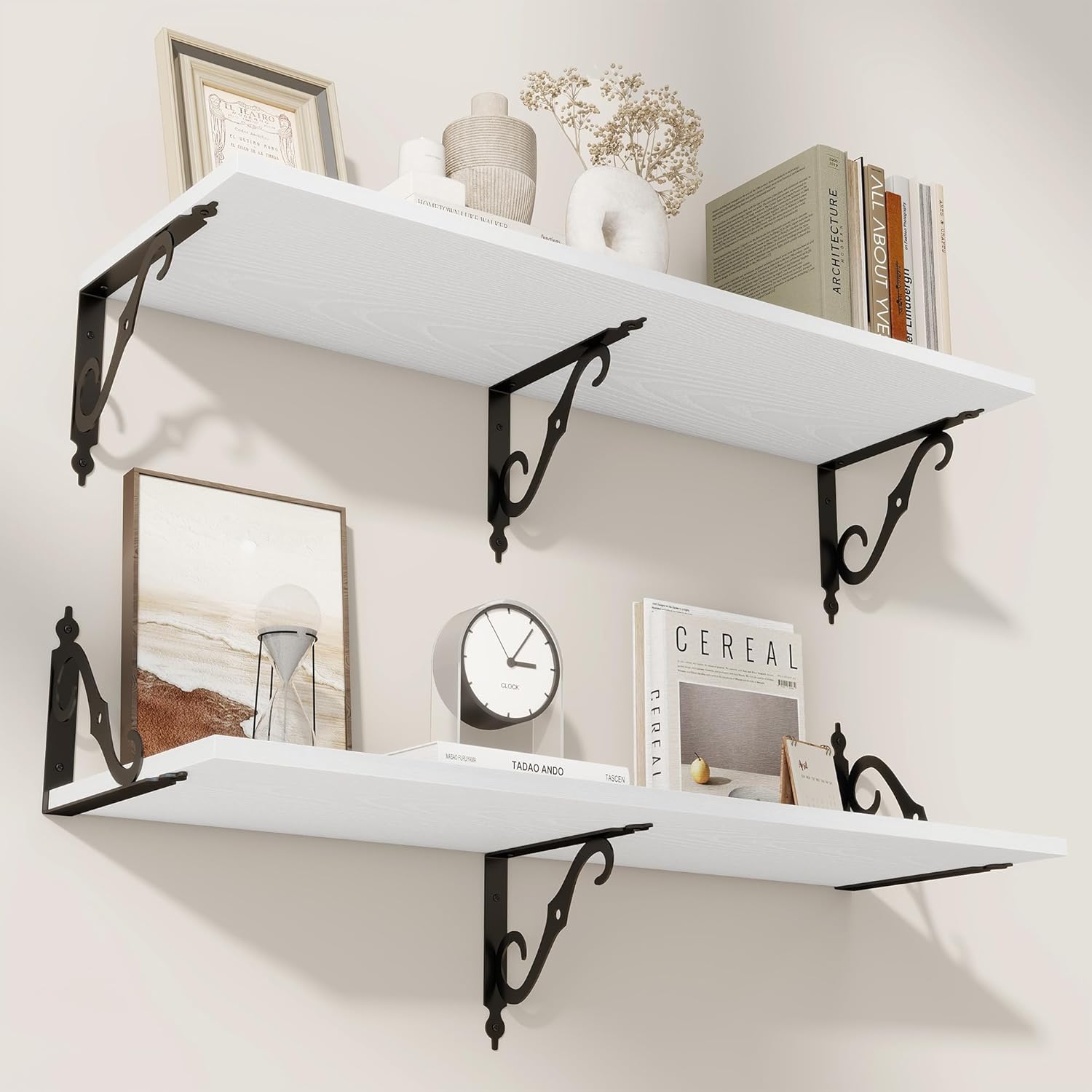 RICHFOCUS 12 Inch Deep Floating Shelves Set of 2 White Wood Wall Shelves