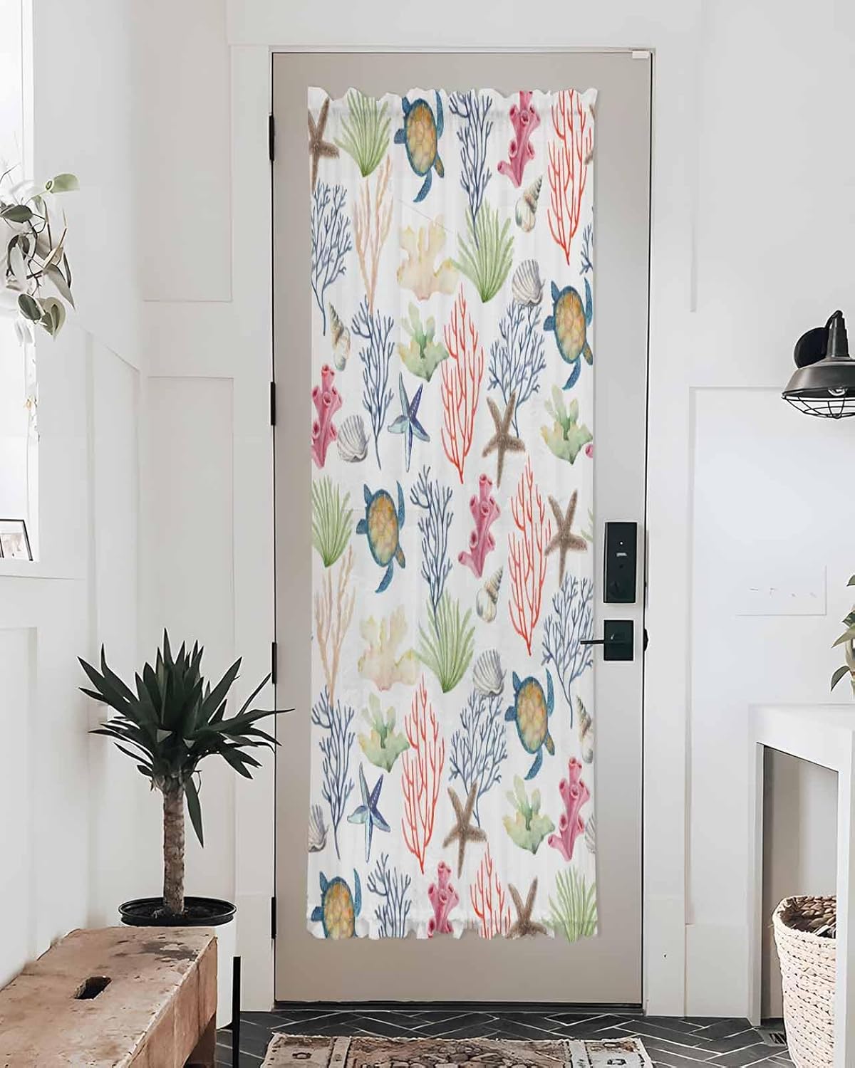 Summer Ocean Coral Front Door Curtain with Tiebacks