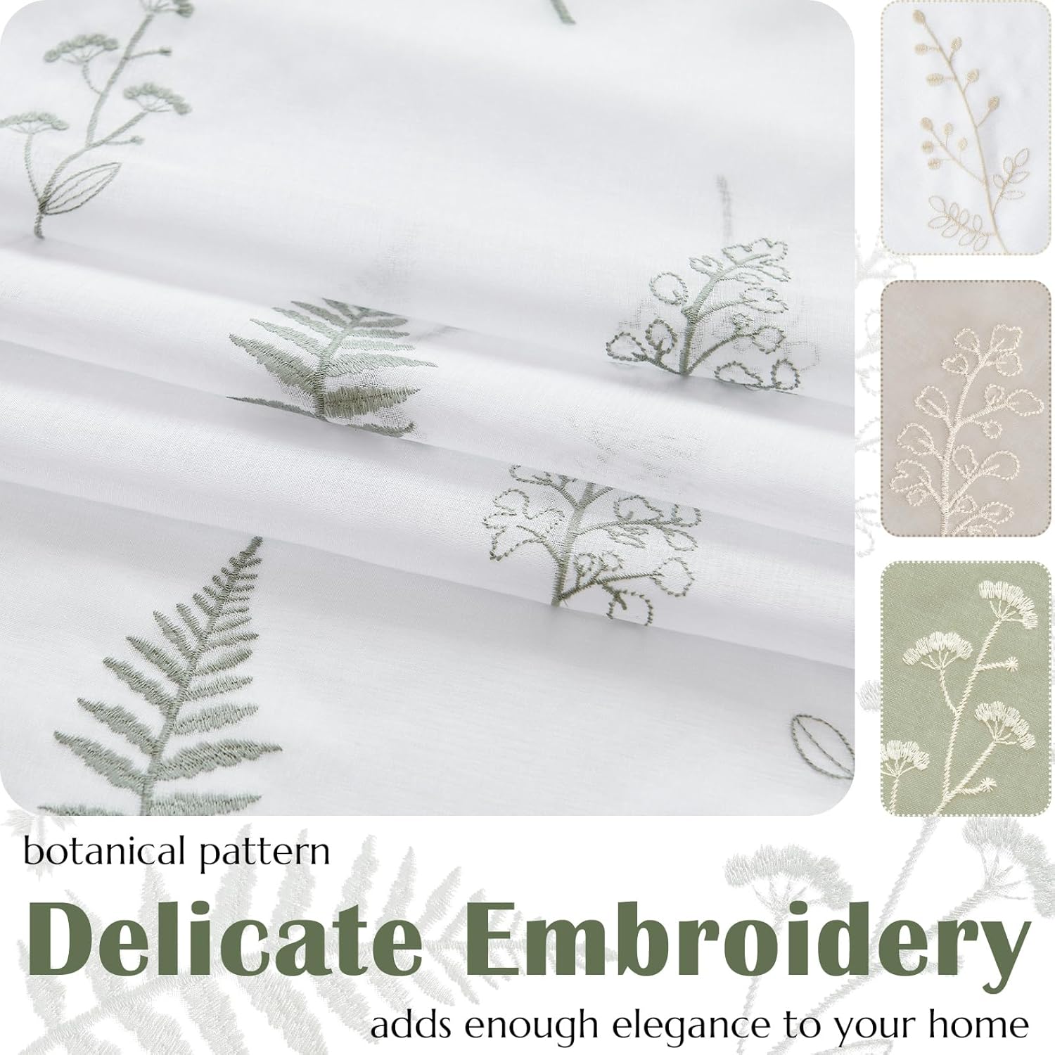 Jinchan French Sheer Door Curtain Panel 40 Inches Green on White