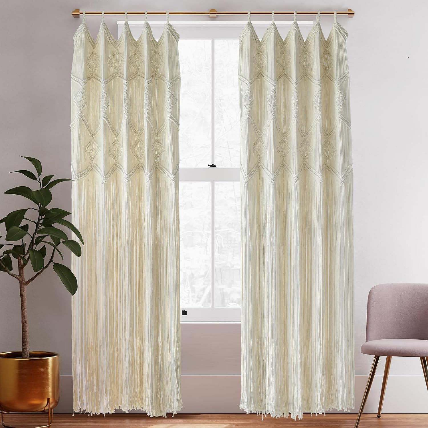 IOWER Macrame Curtains 2 Panels 50x75 3mm Cotton Boho Decor