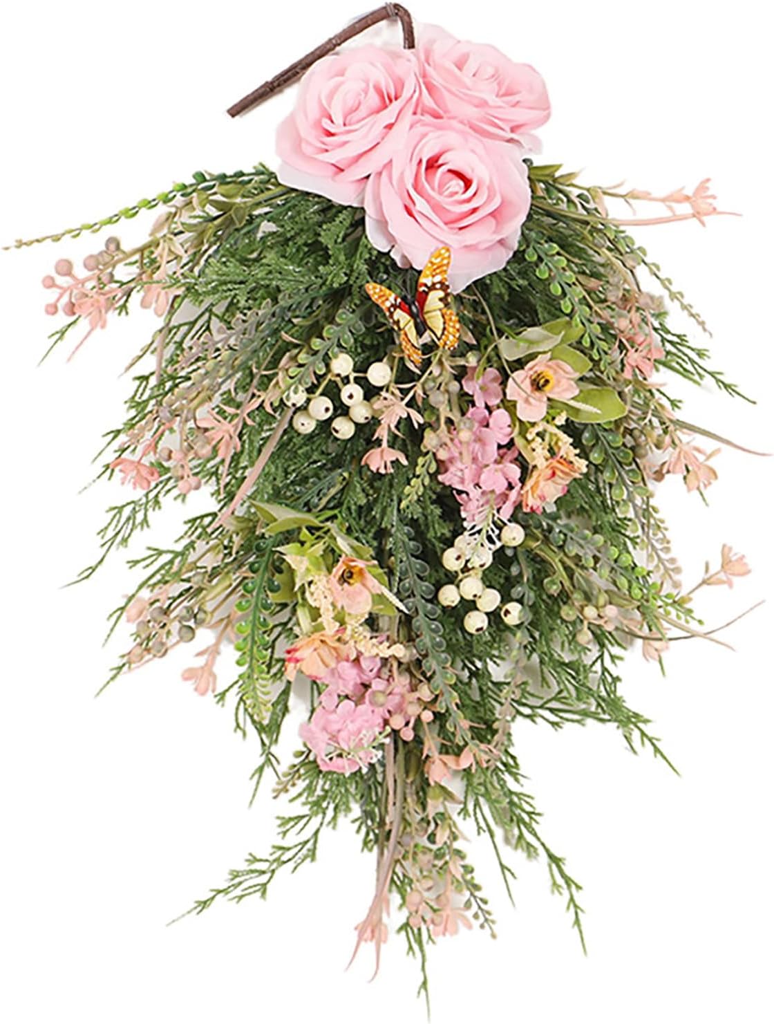 197 Inch Pink Artificial Rose Teardrop Swag Wreath with Butterflies