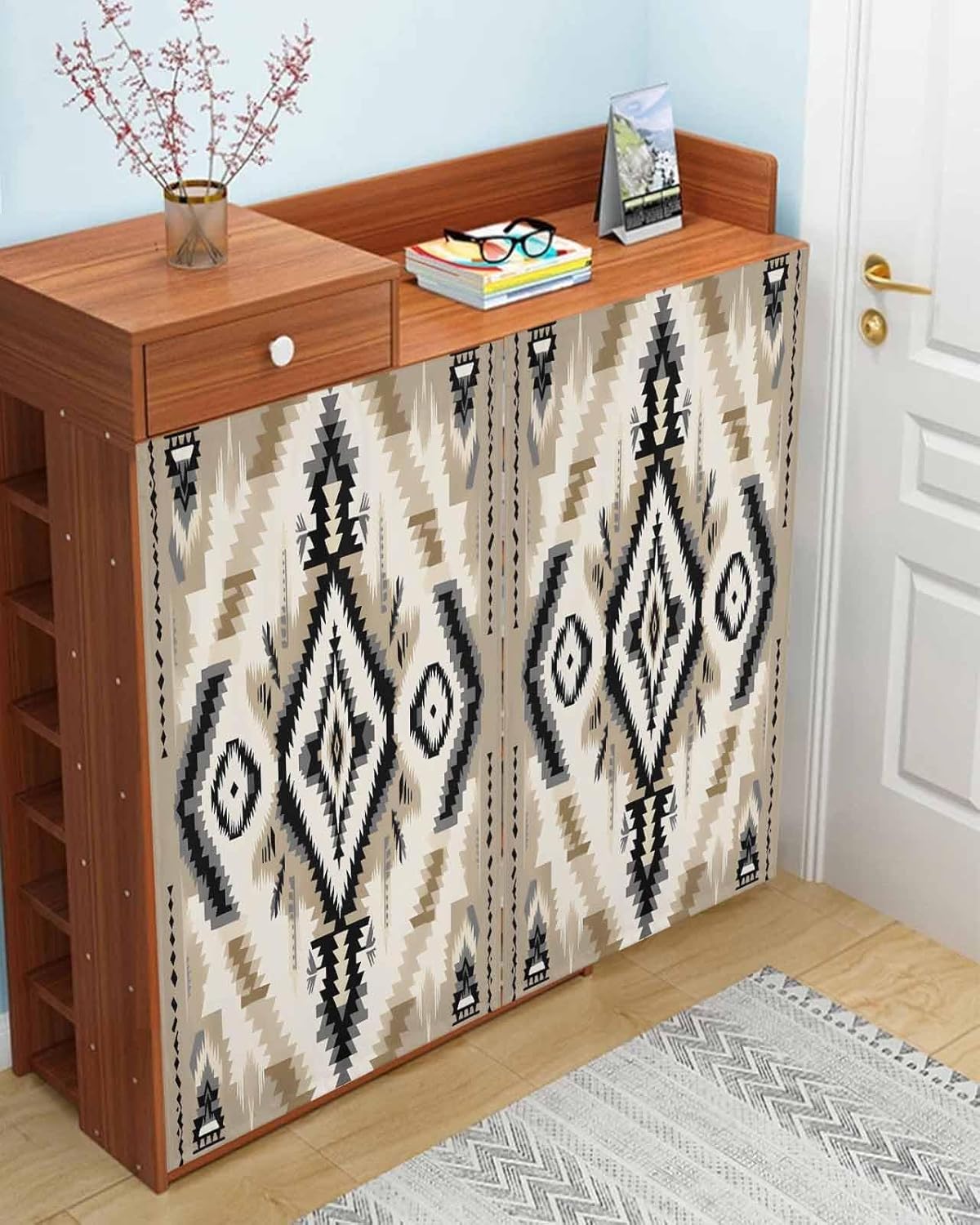 Boho Black Brown Self Adhesive Portable Curtains for Windows