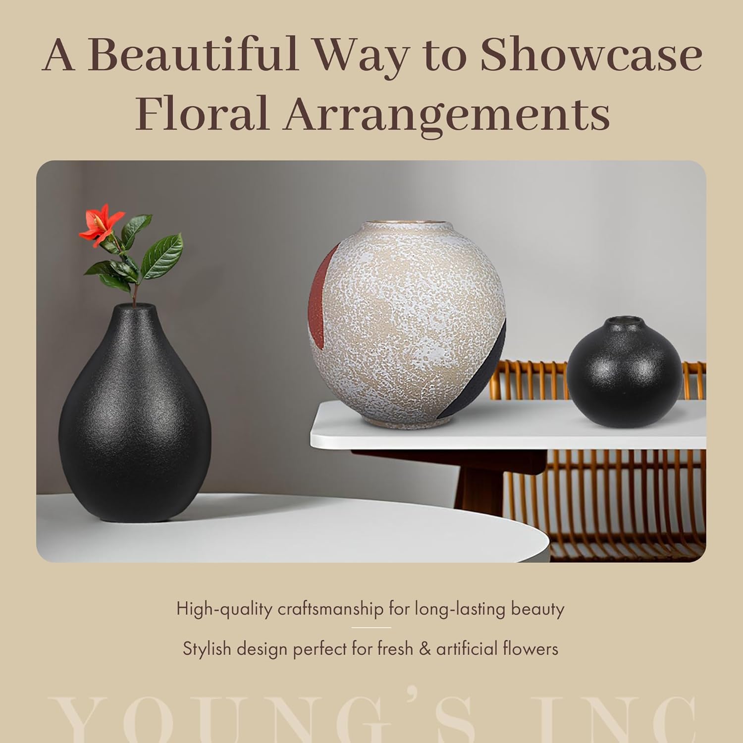 Youngs Inc Ceramic Flower Vase Bee Happy White