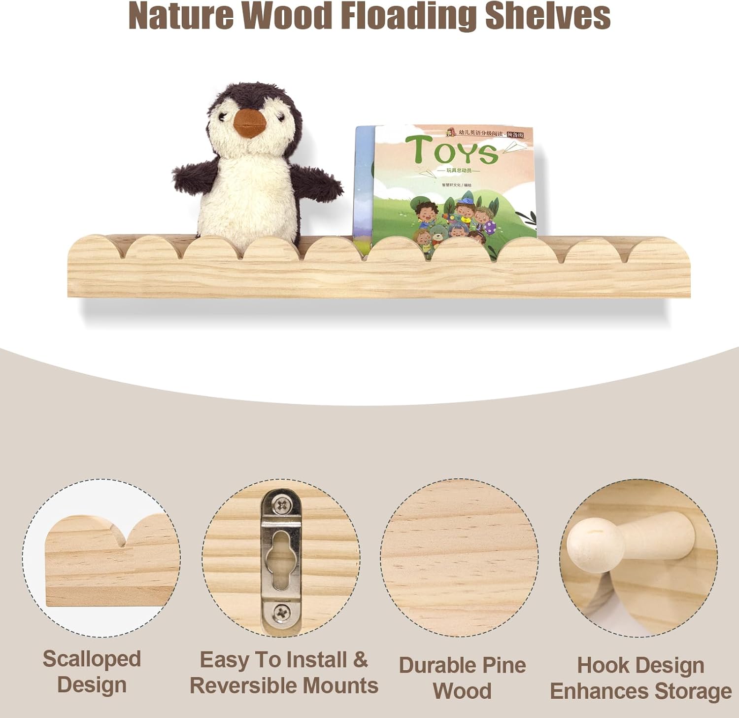 Floating Nursery Book Shelves with Hooks - Set of 3 20 Inches