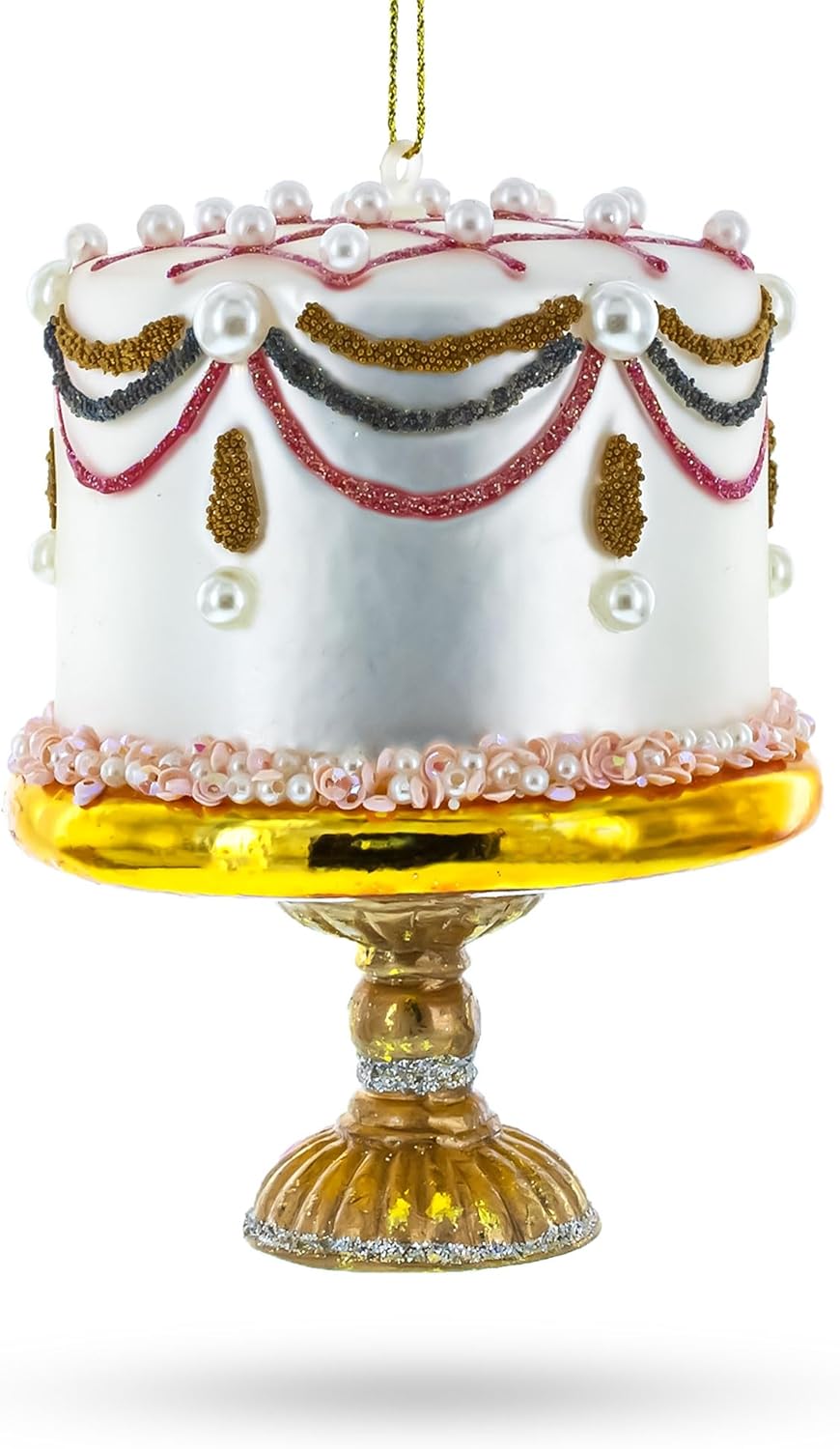 Pearl Adorned Celebration Cake Glass Christmas Ornament