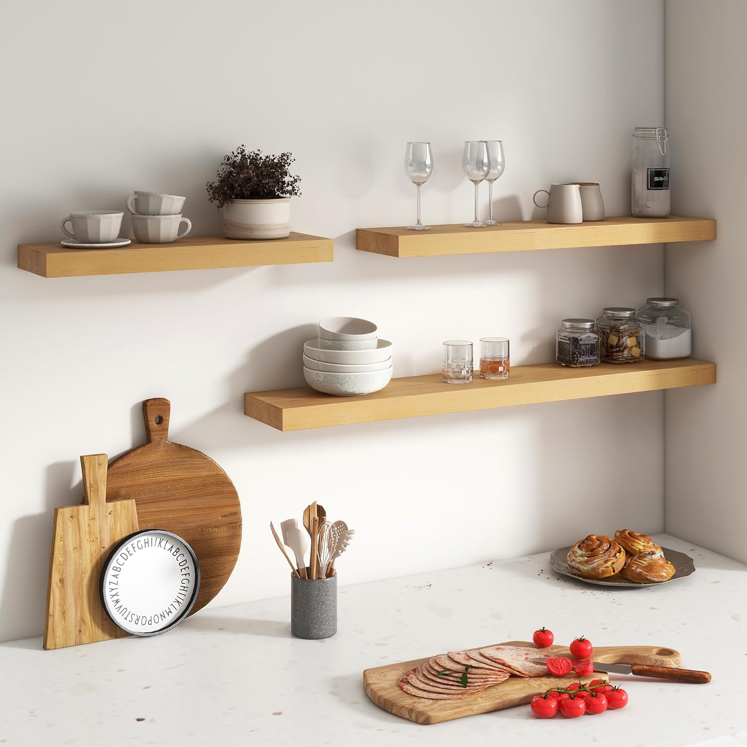 FLYJOE Floating Shelves Set of 2 24 Inch Natural Wooden Wall Mounts