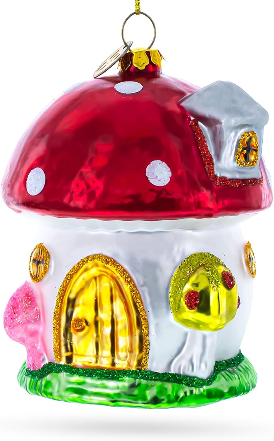 Whimsical Fairy Tale Mushroom House Glass Christmas Ornament 1