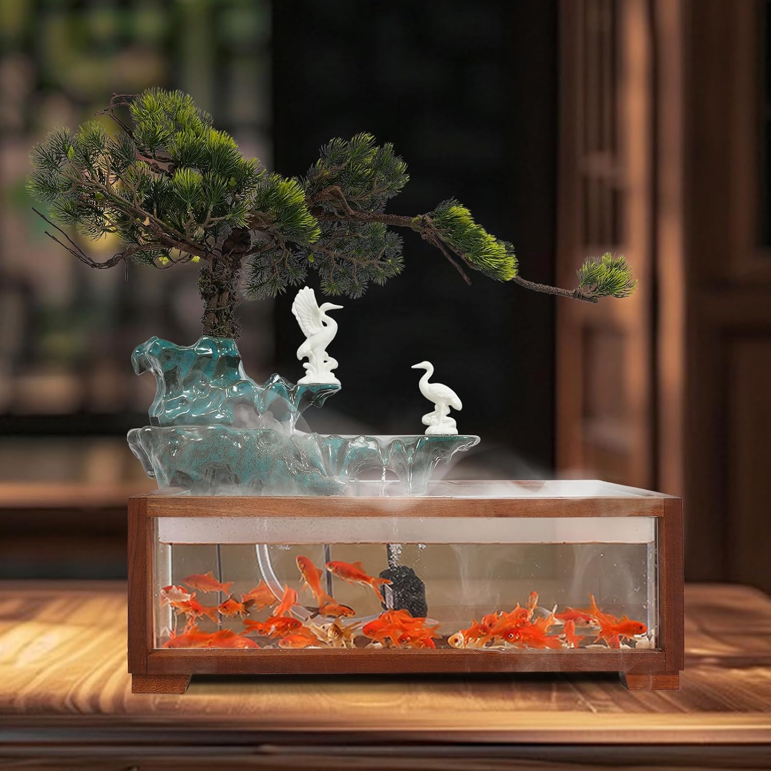 Antique Style Tabletop Water Fountain with Fish Tank and Crane Statues