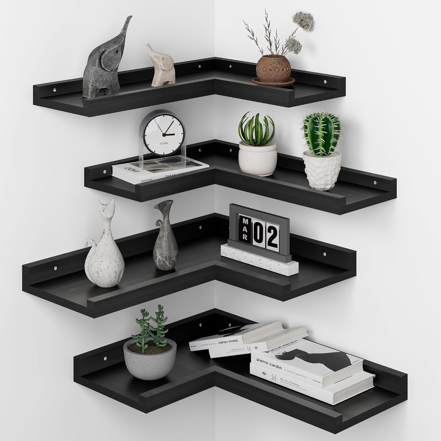 4 Tier Black Floating Corner Wall Shelf Set
