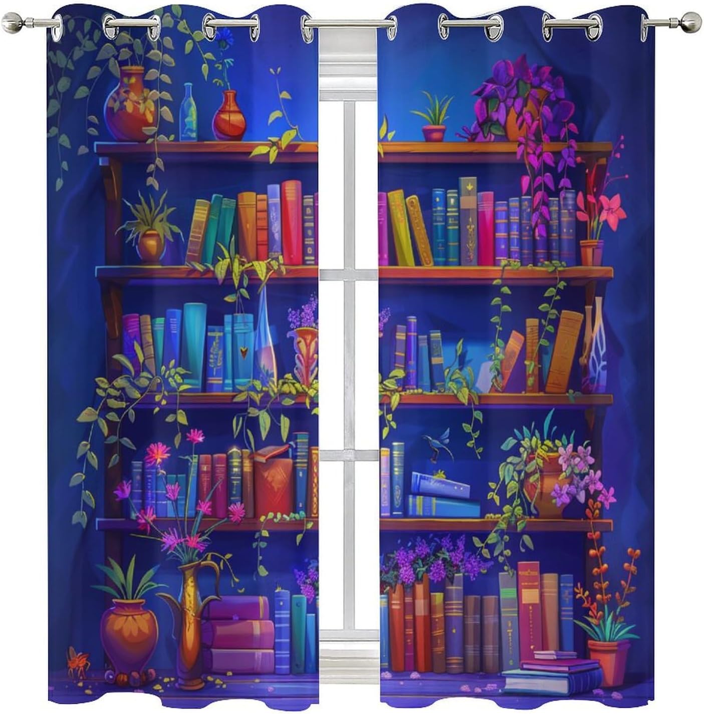 Cute Cartoon Bookshelf Curtains for Bedroom Living Room