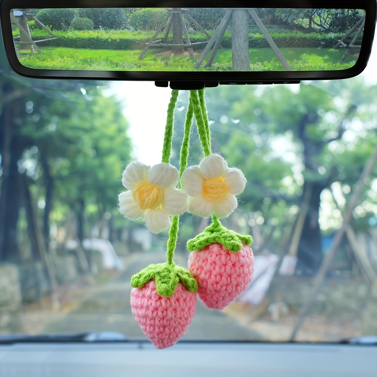 Aeykoasi Crochet Strawberry Car Mirror Accessories 2-Pack