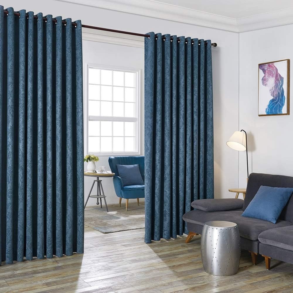 Blue Teal Embossed Wall to Wall Room Divider Curtains with Tie-Backs