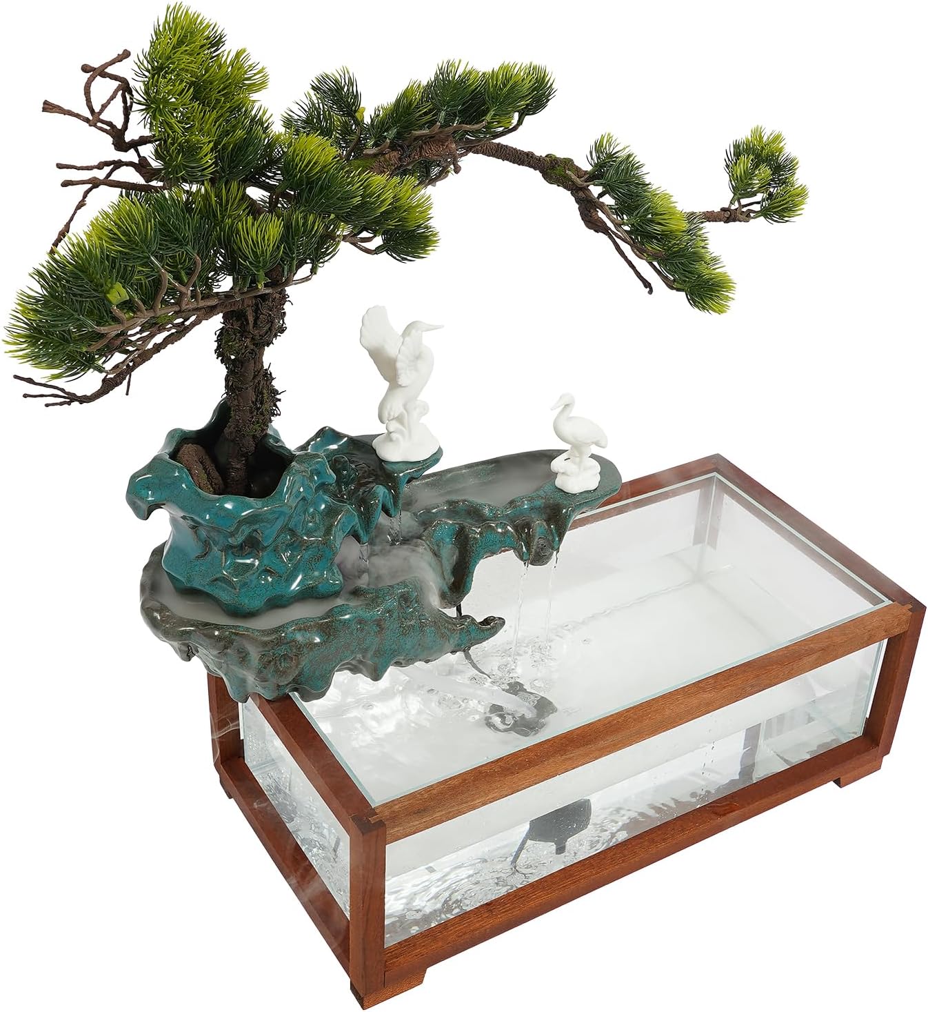 Antique Style Tabletop Water Fountain with Fish Tank and Crane Statues