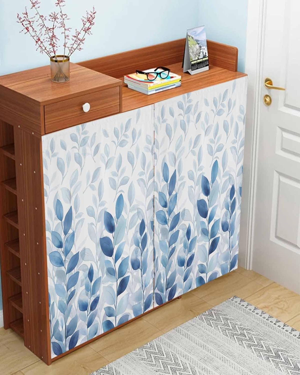 Blue Eucalyptus Leaves Self Adhesive Portable Curtains for Windows