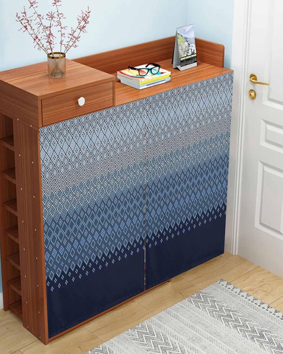 Yomandocix Blue Grey Ombre Geometric Self Adhesive Curtains 47x63 Inches