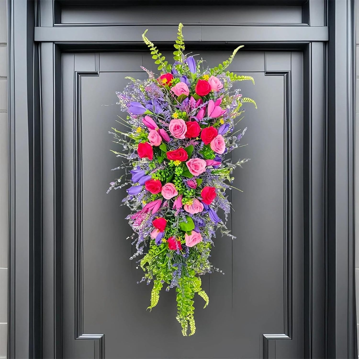 256 Inch Artificial Teardrop Spring Wreath with Flowers and Foliage