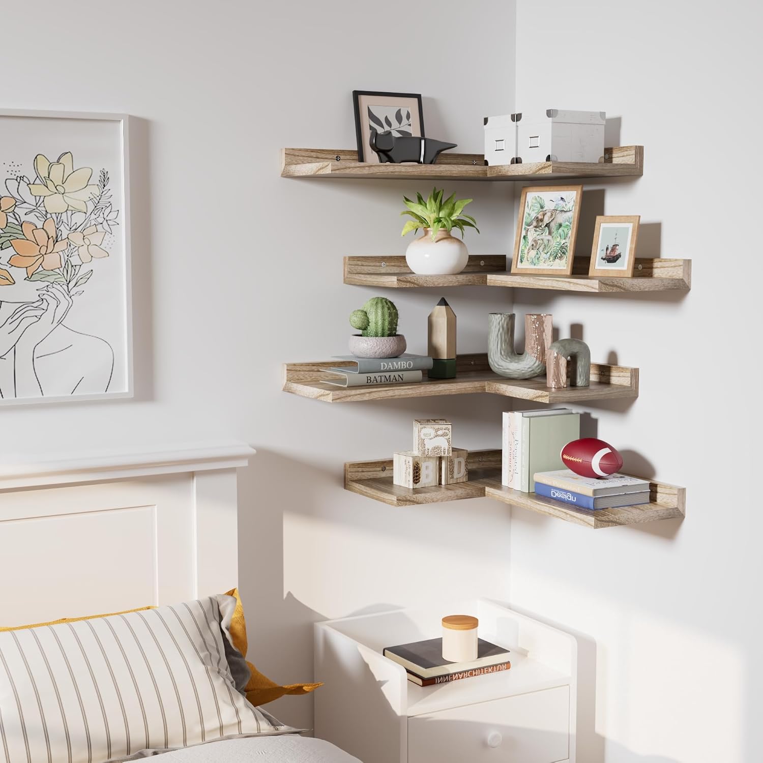 4 Tier Corner Shelf Natural Wood Floating Shelves