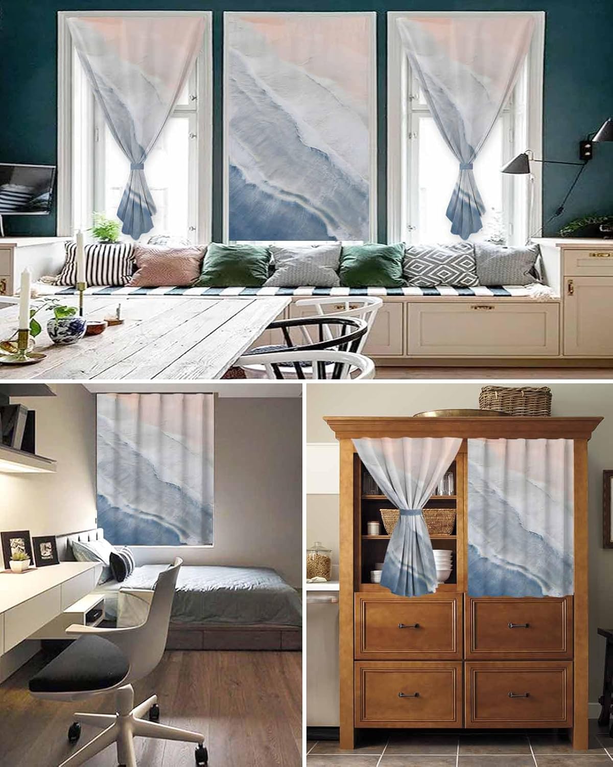 Navy Blue Coastal Wave Self Adhesive Curtains for Windows