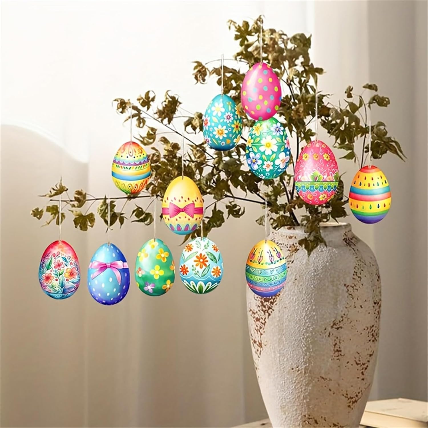 Wooden Easter Egg Hanging Decorations 12Pcs Set