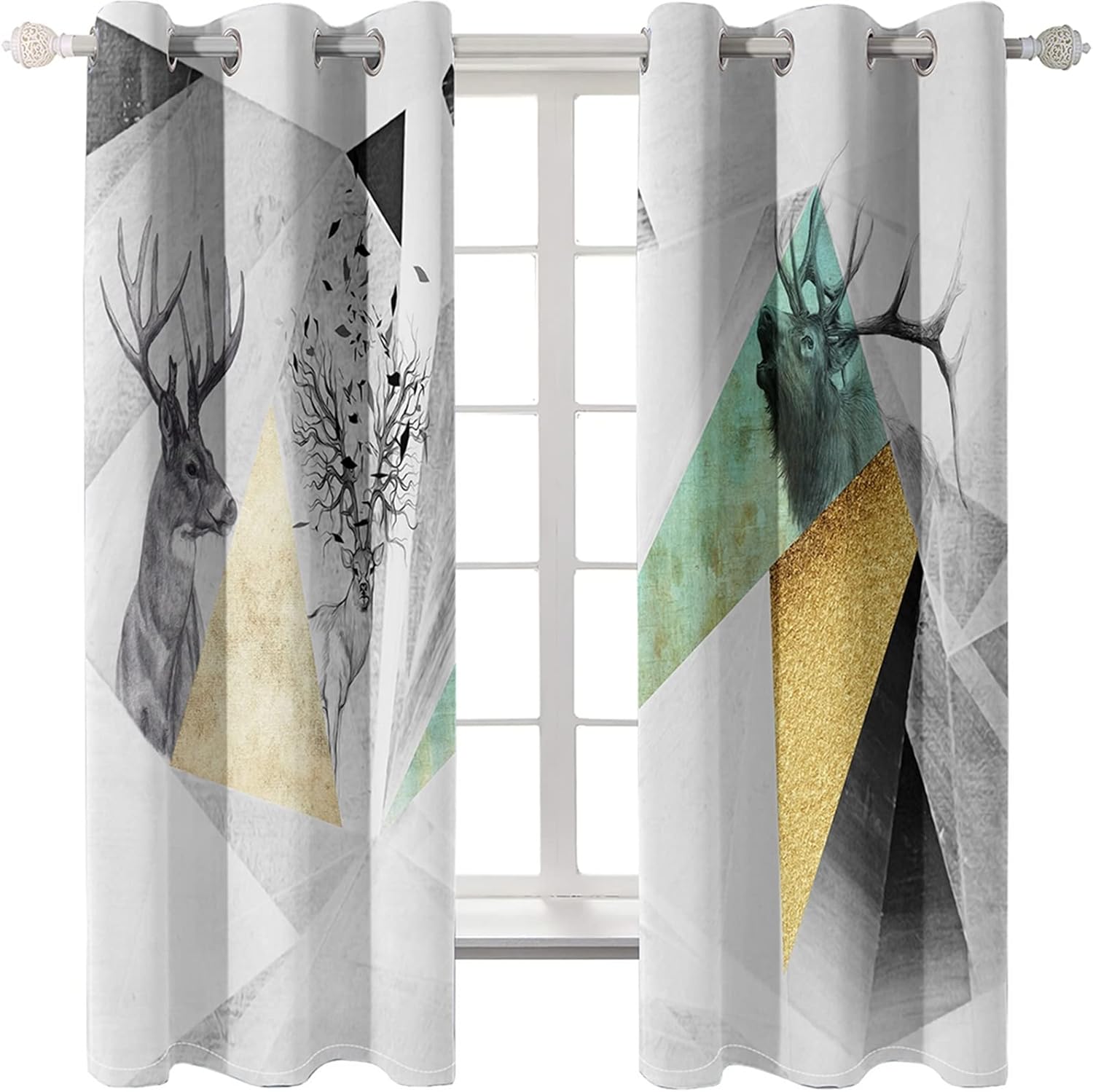 White Long Curtains with Deer Geometry Design 104 x 63