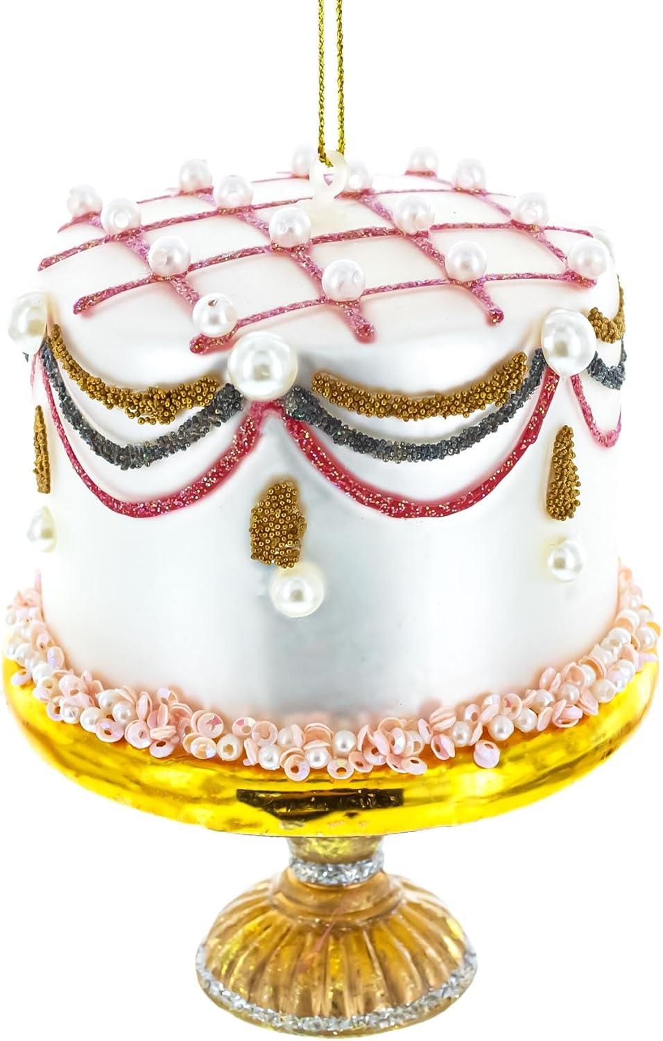 Pearl Adorned Celebration Cake Glass Christmas Ornament