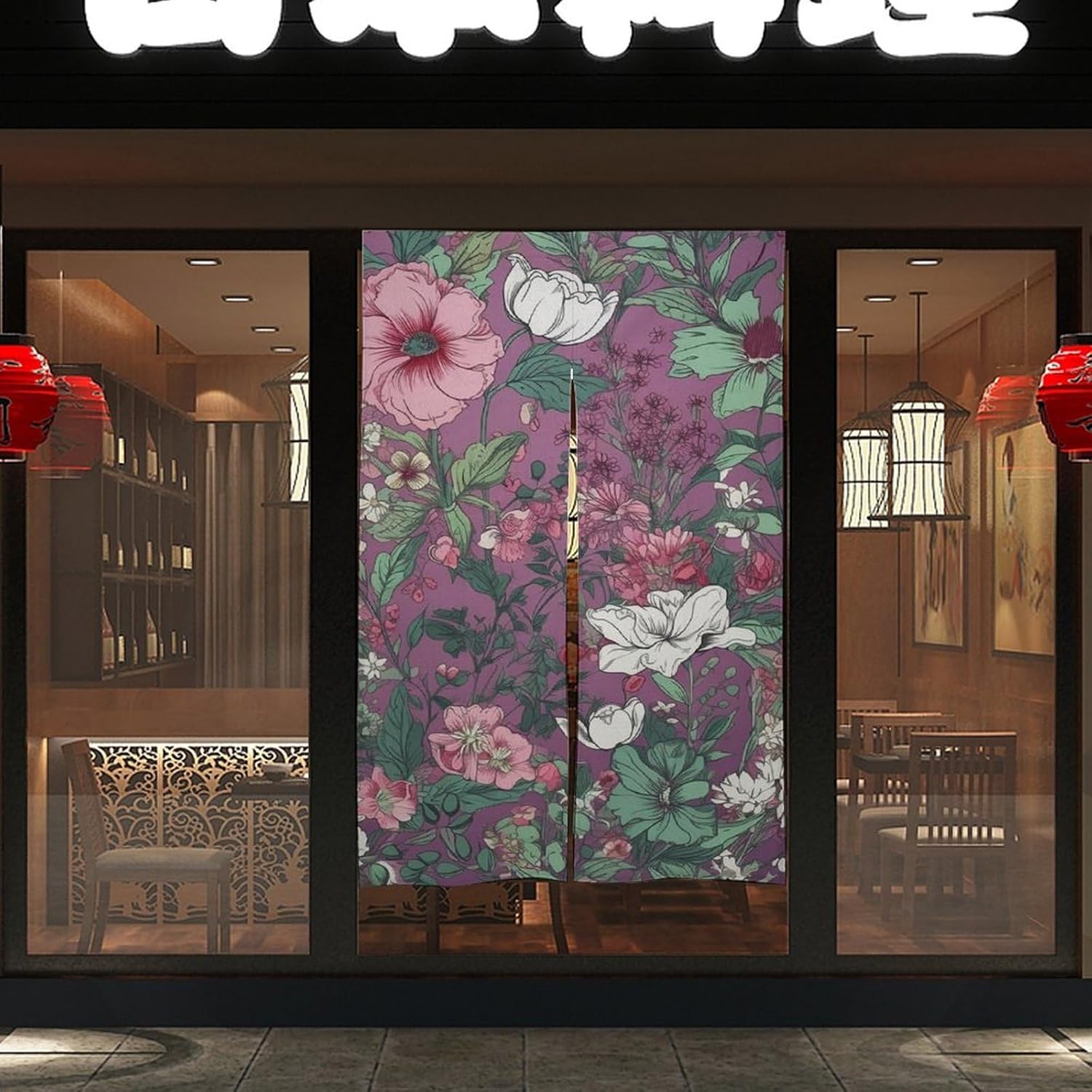 Japanese Noren Door Curtain with Green Flowers Design