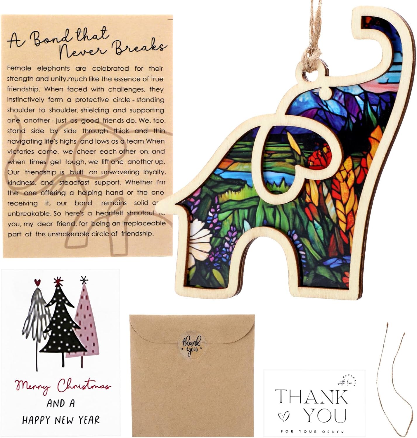 Wooden Elephant Ornament with Story Card Gift