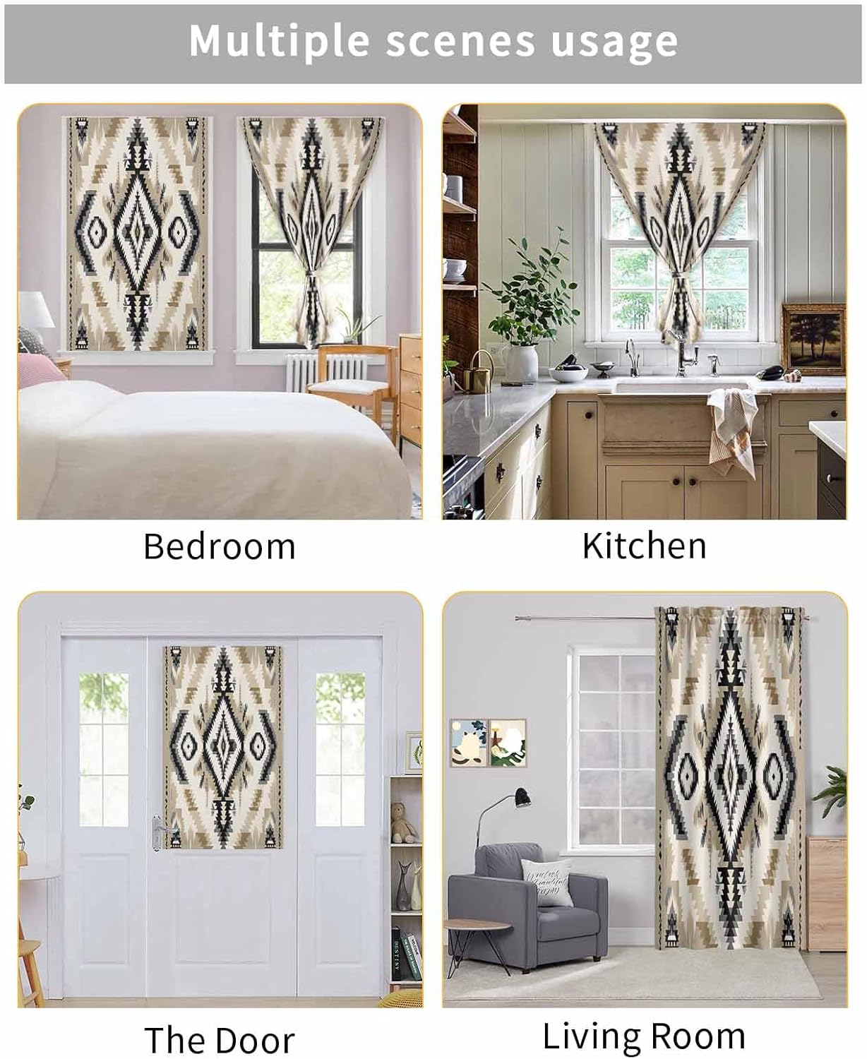 Boho Black Brown Self Adhesive Portable Curtains for Windows