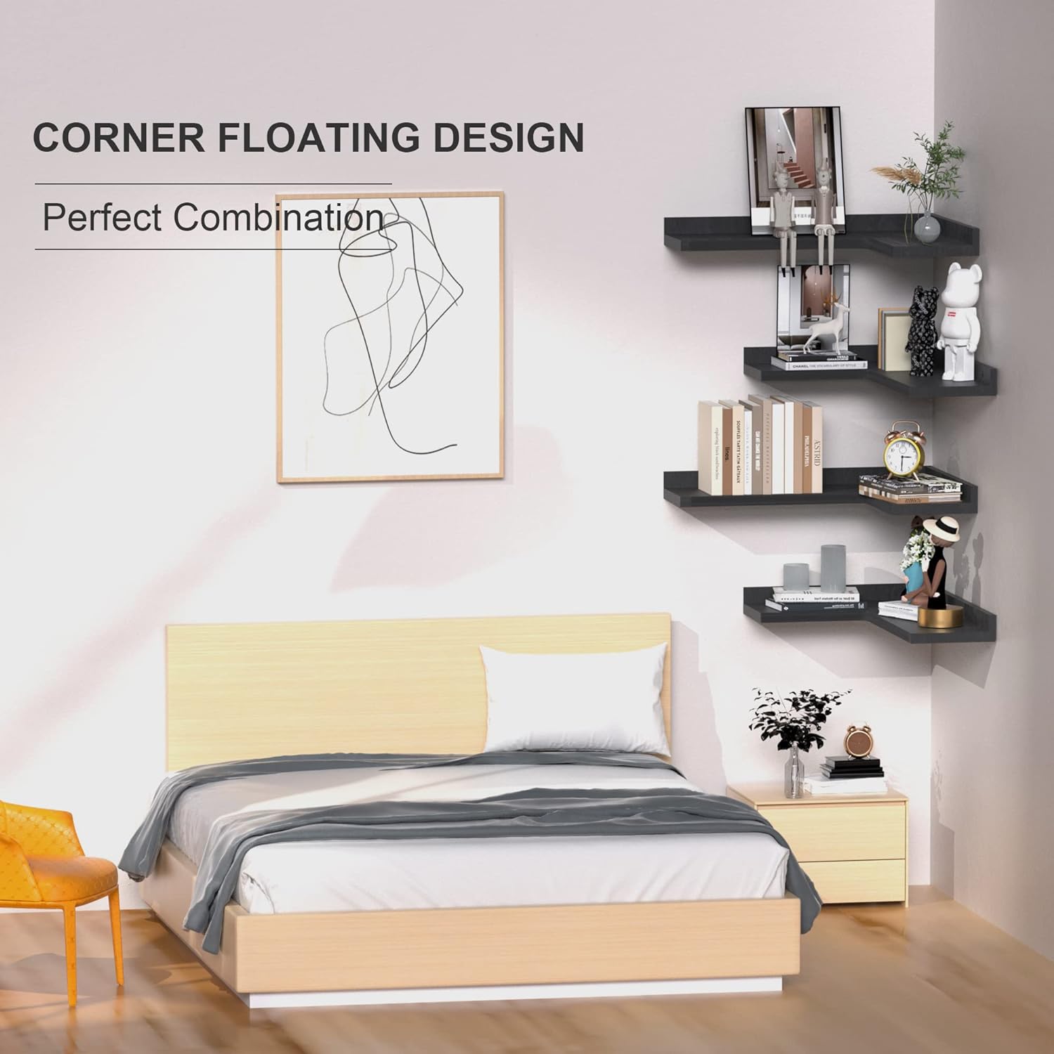 4 Tier Corner Floating Shelves Set Black